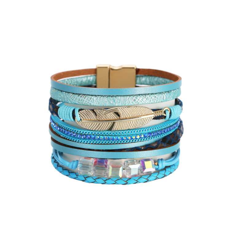 Wholesale Bohemian Crystal Feather Leather Bracelet